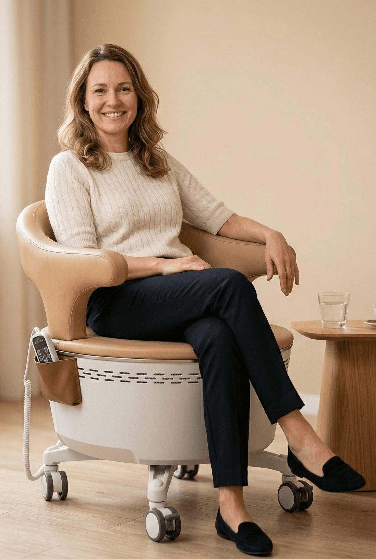 Woman sitting fully clothed on a HIEMT pelvic chair in a private treatment room