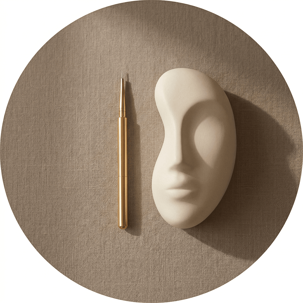Minimal face sculpture with skincare tool on a neutral background