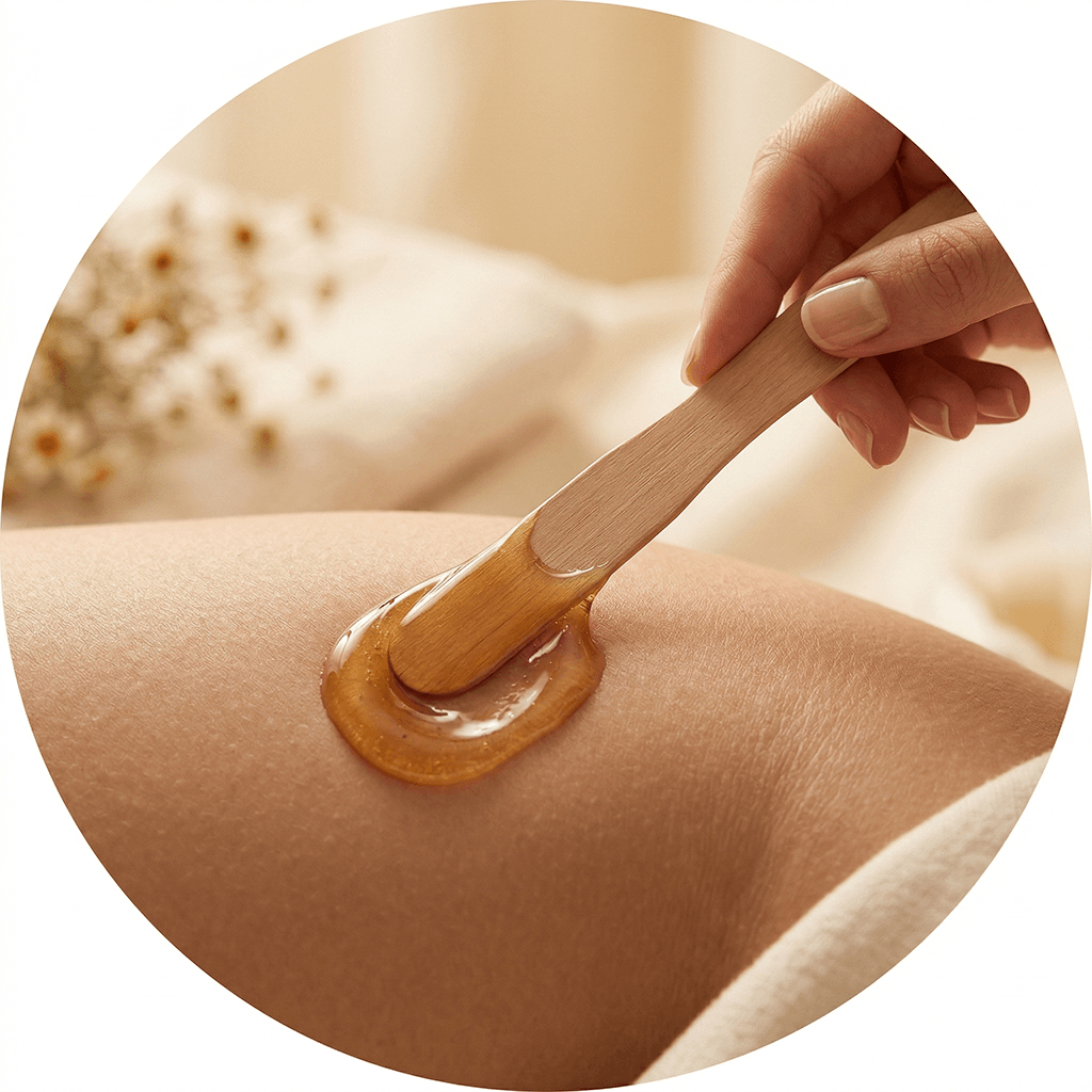 Warm wax being applied to skin during a professional waxing treatment