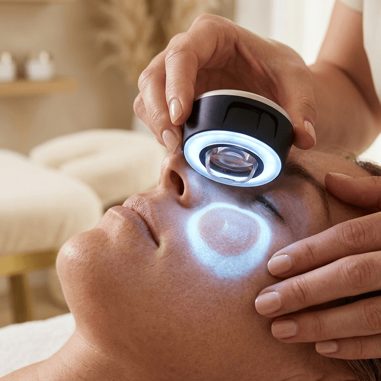 Close-up of skin analysis device being used during a professional facial consultation