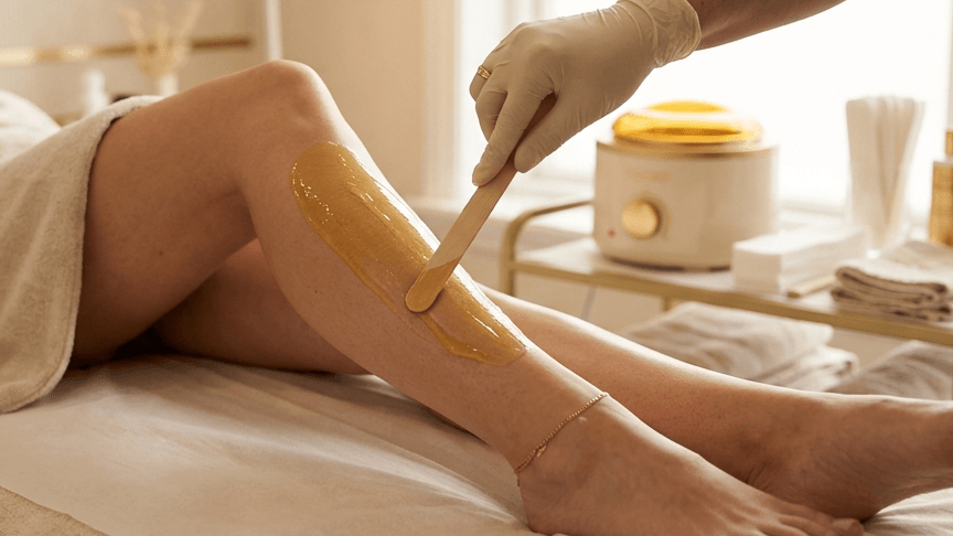 Warm wax being applied to a client’s lower leg during a professional waxing treatment