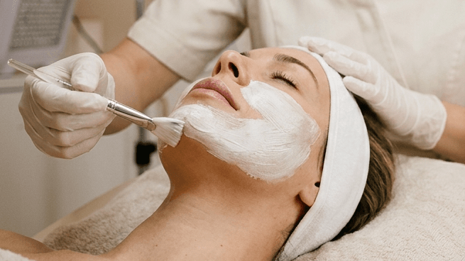 acial mask being applied to a client’s face during a professional bespoke facial treatment