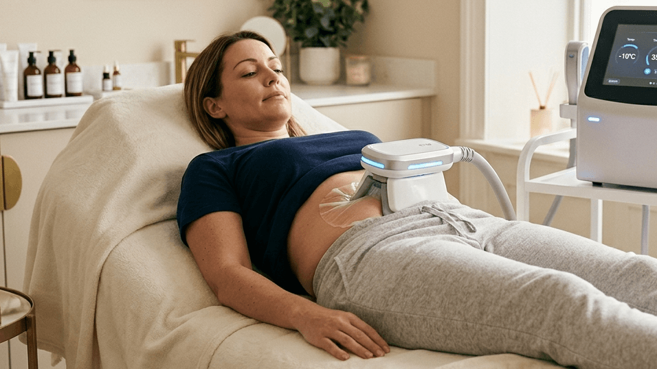 Woman receiving a fat freezing treatment with an applicator placed on her abdomen