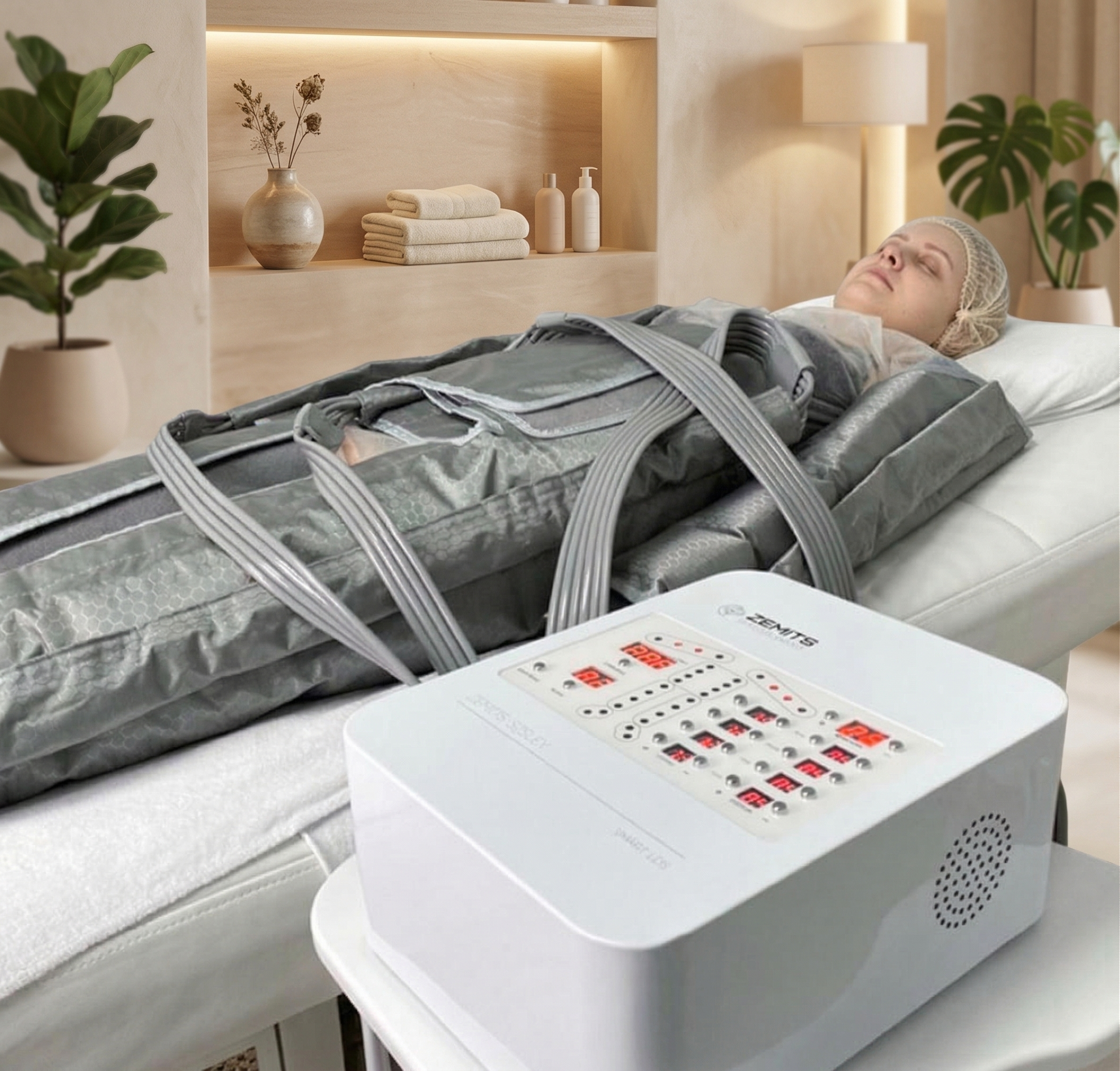 Client wearing a pressotherapy suit during a lymphatic drainage treatment