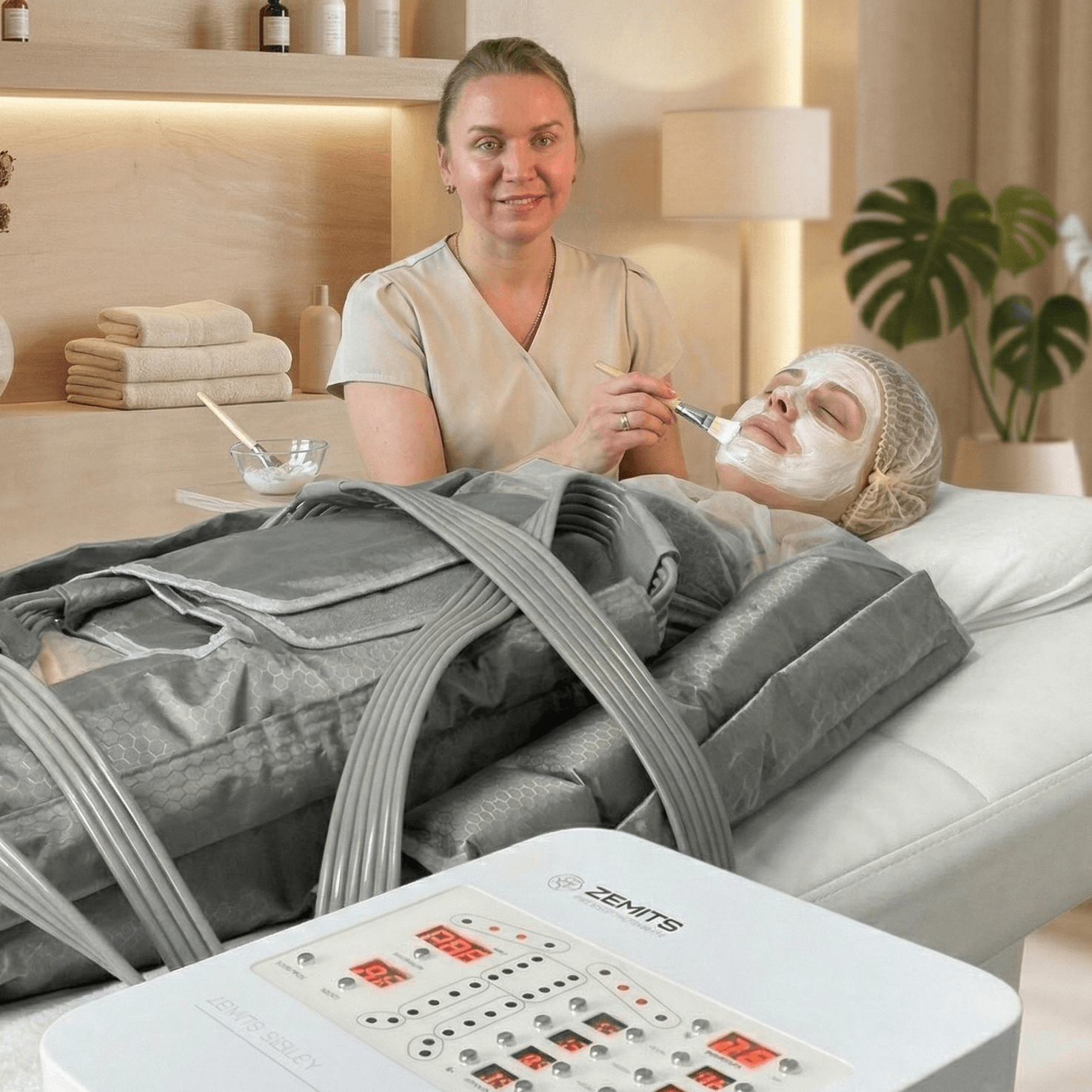 Therapist performing a facial treatment while the client wears a pressotherapy suit