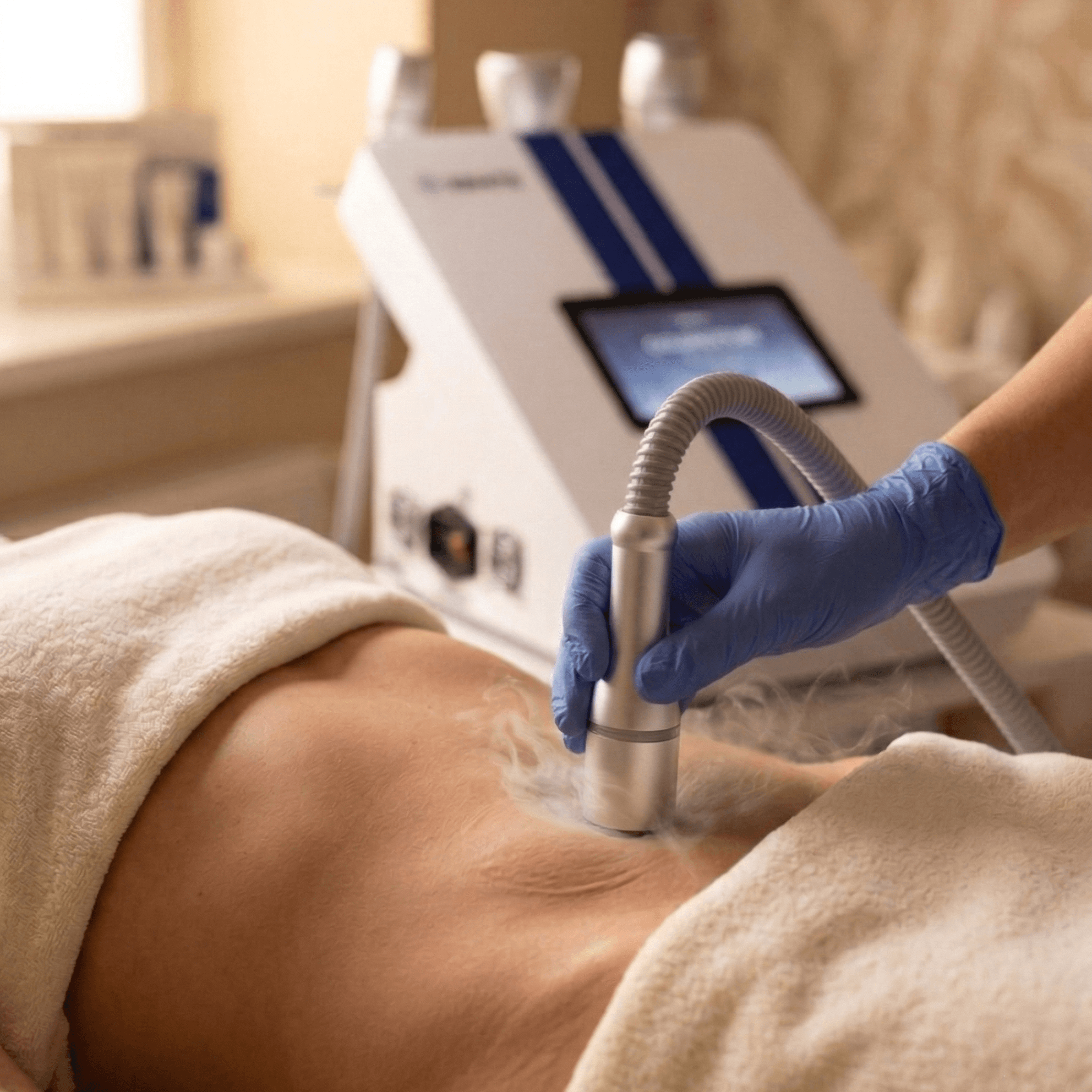 Fat freezing treatment with a cooling applicator placed on the abdomen