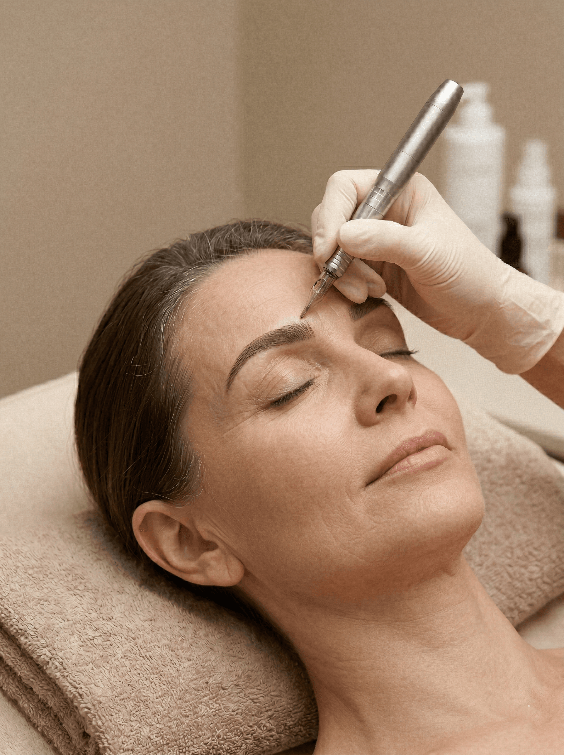 Semi permanent eyebrow treatment being performed with a cosmetic tattoo device