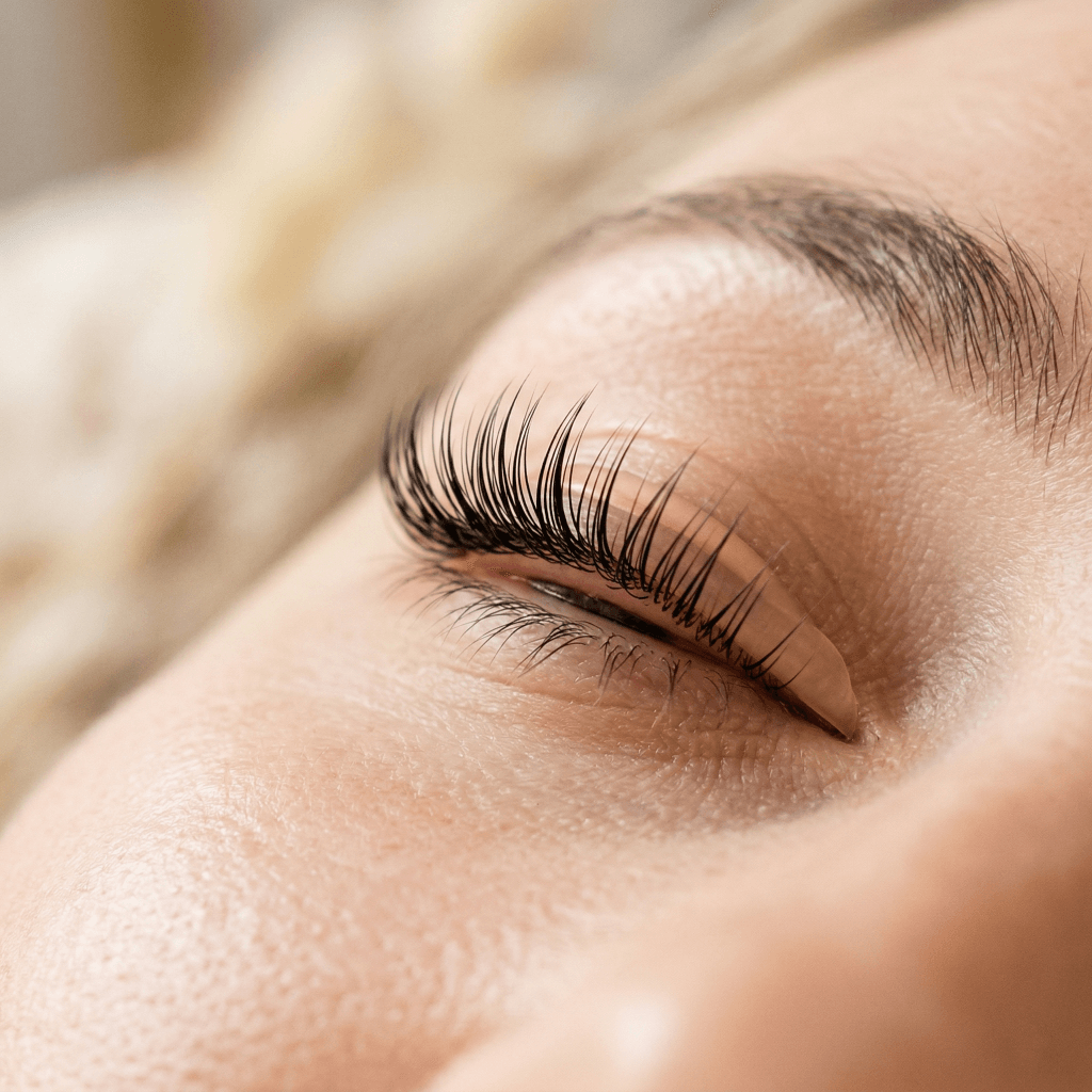 Close-up of a lash lift showing curled natural lashes after treatment