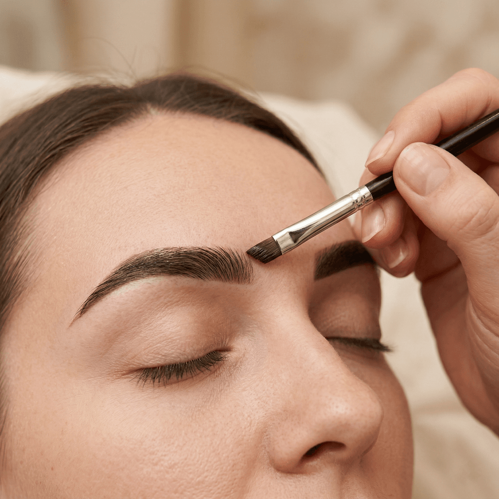 Brow tint and reshape treatment with tint being applied to a client’s eyebrow