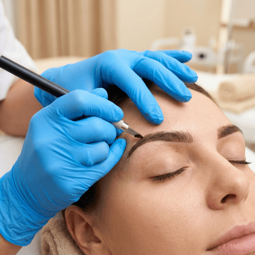 Semi permanent brow treatment being performed with a cosmetic device on a client’s eyebrow