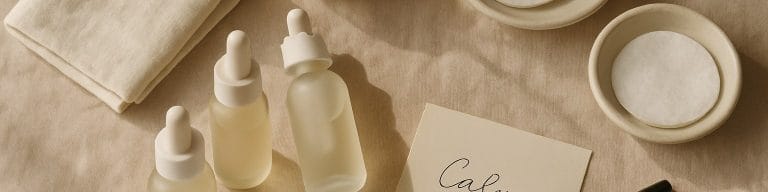 Editorial flat-lay of a daily skincare routine on soft beige linen. Skin care. Skincare and Waxing Kirkham.