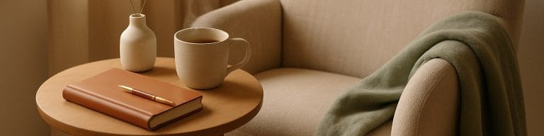 Calm self-care corner in a UK home with linen armchair, journal, fountain pen and tea. Pelvic floor wellness. Skincare and Waxing Kirkham.
