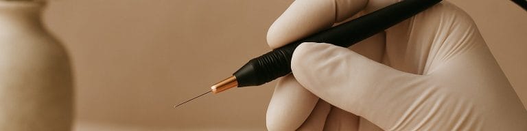 Gloved hand with fine probe on soft beige. Skin tag removal. Skincare & Waxing Kirkham.
