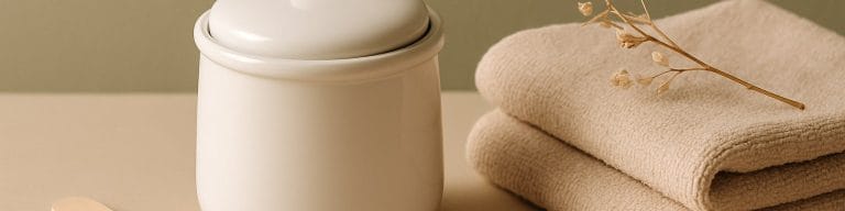 Ceramic wax pot, wooden spatula, beige towels still life. Leg waxing. Skincare & Waxing Kirkham.