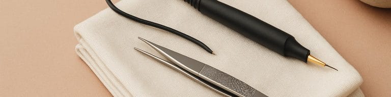 Precision tools on white linen, soft beige backdrop. Skin tag removal. Skincare & Waxing Kirkham.