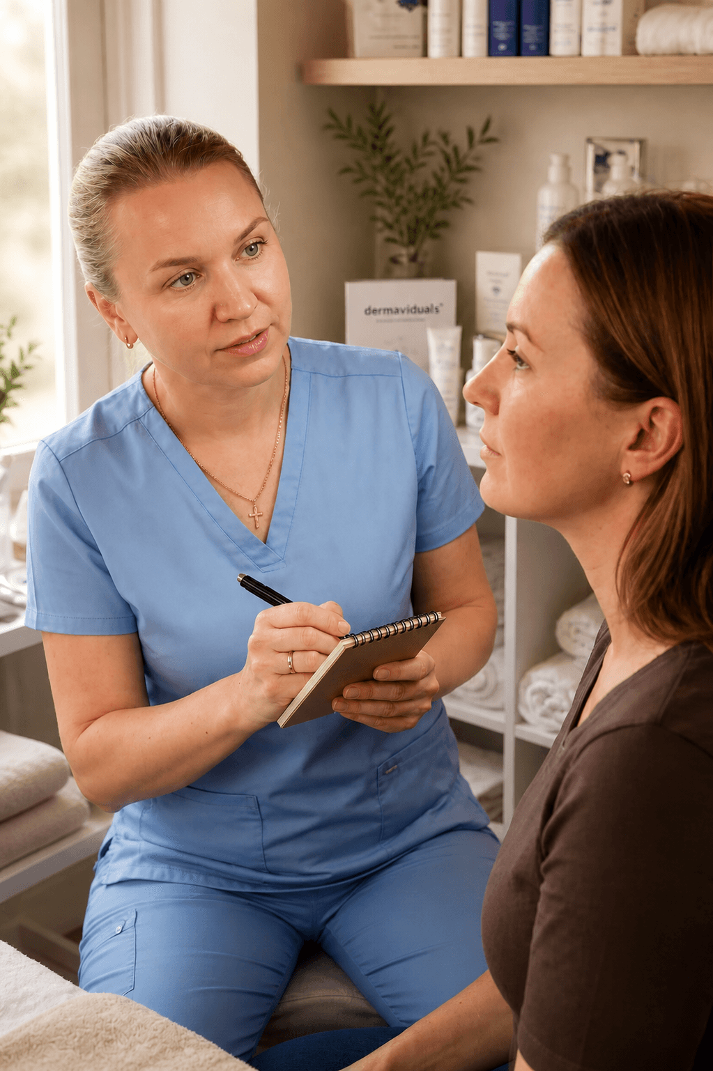 Maria in consultation with a client before RF skin tightening in Kirkham