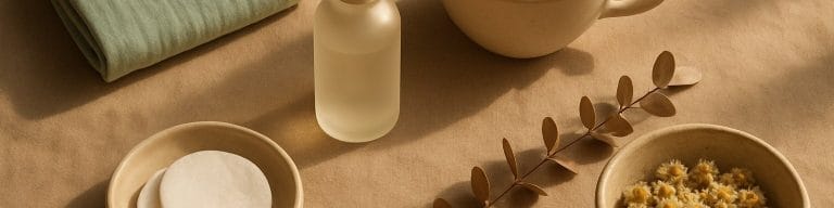 Muslin cloth, dropper bottle, cotton pads, and tea on warm linen. Blue LED for skin. Skincare & Waxing Kirkham.
