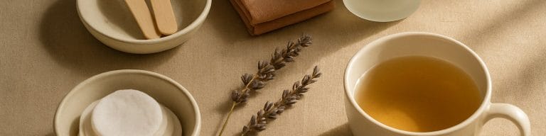 Wooden waxing spatulas, muslin cloth, pre-wax cleanser, and tea on warm linen. Body wax. Skincare & Waxing Kirkham.