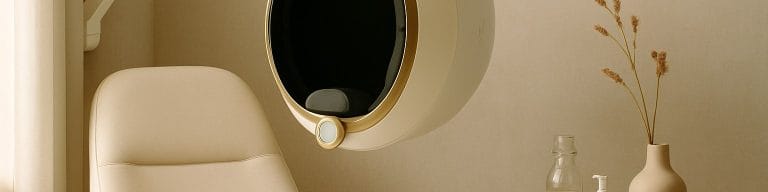 3D skin analyser over cream chair in calm studio, warm palette. Dehydrated skin. Skincare & Waxing Kirkham.