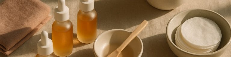 Three serum dropper bottles, mixing dish, muslin cloth, and tea on warm linen. Bespoke facial. Skincare & Waxing Kirkham.