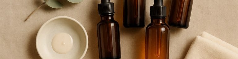 Amber Dermaviduals serum bottles on linen with botanicals. Bespoke Facial. Skincare & Waxing Kirkham.