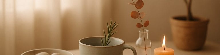 Calm beauty therapy still life with linen, ceramic, and dried botanicals. Fat freezing treatment. Skincare & Waxing Kirkham.