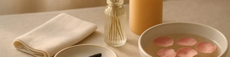 Calm beauty therapy still life with linen, dried botanicals, and lash brush. Lash lift treatment. Skincare & Waxing Kirkham.