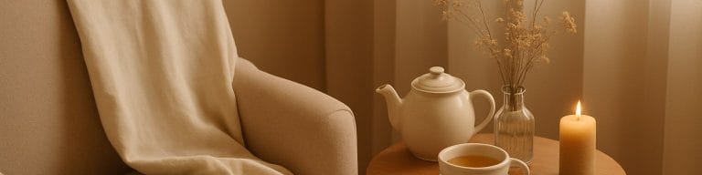Calm studio with linen, chamomile tea, and wildflowers. Pelvic floor chair postpartum support. Skincare & Waxing Kirkham.