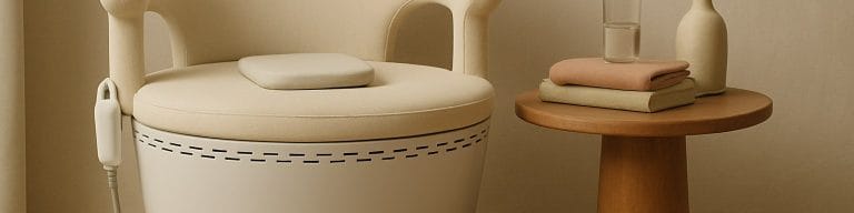 HIEMT pelvic floor chair in calm wellness studio, warm earthy palette. Postnatal pelvic floor. Skincare & Waxing Kirkham.
