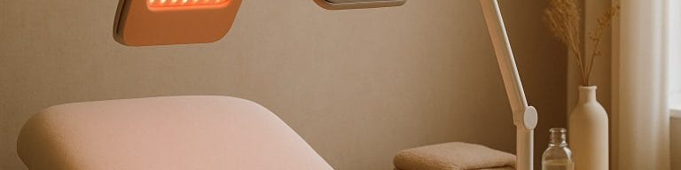 LED panel above cream couch in quiet studio, warm earthy palette. Red LED light therapy. Skincare & Waxing Kirkham.