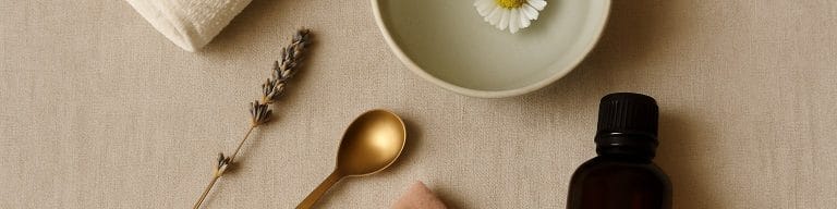 Calm self-care still life with linen, ceramic dish, and chamomile. Semi-Permanent Brows. Skincare & Waxing Kirkham.