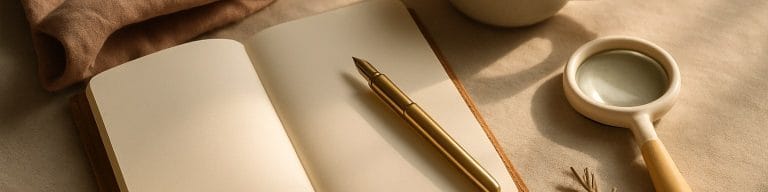 Notebook, brass pen, magnifying glass, and tea on warm linen. Skin tags vs moles consultation. Skincare & Waxing Kirkham.