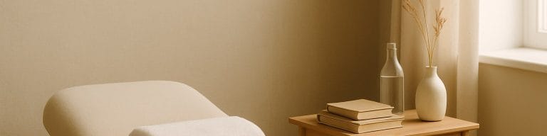 Quiet one-room beauty treatment salon in Kirkham, warm earthy palette. Salon near me waxing. Skincare & Waxing Kirkham.