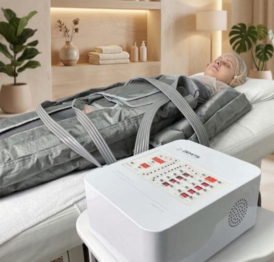 Client wearing a pressotherapy suit during a lymphatic drainage treatment
